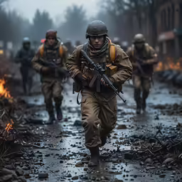 a group of soldiers walking on the street with torches in hand