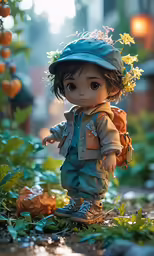 a very small doll dressed in a clothes and hat