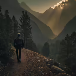a person walking in the mountains near some trees