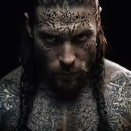 a tattooed man looking off to the side