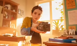 a woman sitting at a table holding a camera