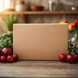 the cardboard box is surrounded by fruits on a counter
