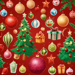 a red background covered in christmas ornaments and ornaments,christmas themed decorations on a red background