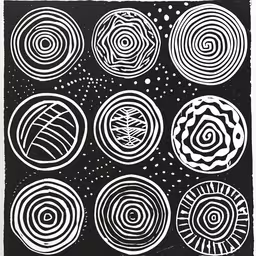 a black and white artwork print of six circles,six lines that appear to be swirled in various directions