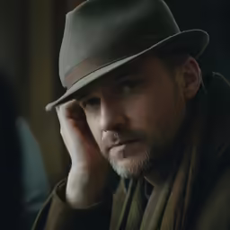 a man wearing a brown hat and coat is posing for a photo