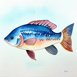 a drawing of a fish, with blue colors,a blue fish with striped sides is shown in color