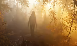 the silhouette of a person in a misty forest