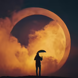 a person holding an umbrella while standing under a full moon