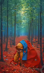 a young woman sits on the ground in the forest