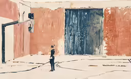 a woman standing on a street corner next to a tall building