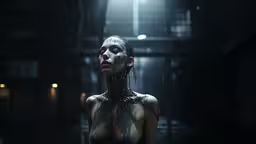 a woman with long hair and a white mask,a woman covered in a spray paint body painting