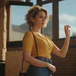 a woman holding a cigarette and a purse