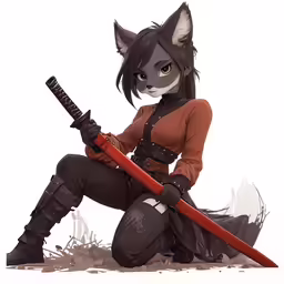 a cat girl holding a sword next to her