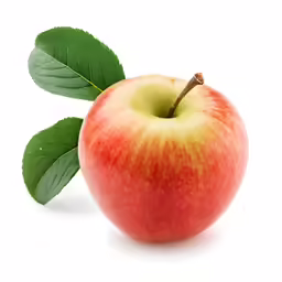 an apple with green leaves on a white background