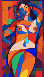 an abstract painting with a woman in blue, green and orange,a painting of a woman in red, blue and orange