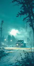 a painting of a small house in the middle of a snowy field