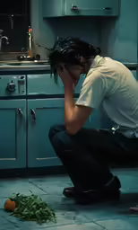 man in kitchen kneeling down to touch the floor