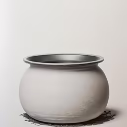 an empty white jar with gravel in front