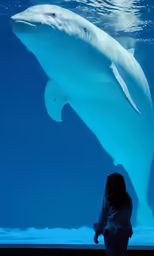 woman looking at large white dolphin swimming through the water