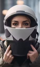 a woman in winter gear covering her face with a motorcycle helmet