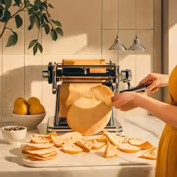 a woman is slicing some bread into squares