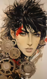 a drawing of a woman with black hair and gears on her face
