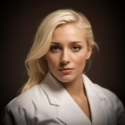 a close - up of a woman in a white coat