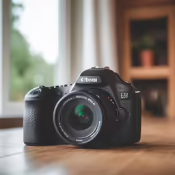 a black digital camera sitting on top of a wooden table