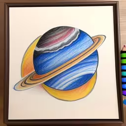 the solar system in a frame, next to a crayon markers,an image of an artist