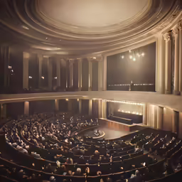 an auditorium with a stage that has people seated in it