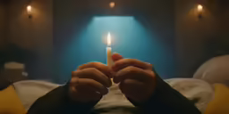 hand holding lit candle with blue background in bedroom