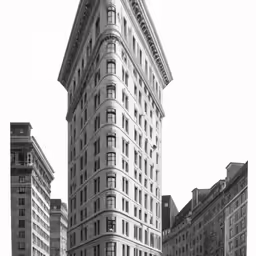 this black and white photo shows a high building with its triangular shape in a city setting