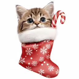 a small cat has its head poking out of a christmas stocking