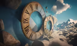 two large clock faces placed into the wall with sky background