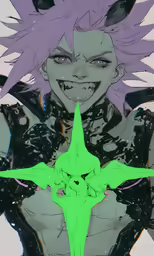 a man with his hair pulled back and purple hair in the middle of his face