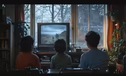 four kids sitting and watching the tv