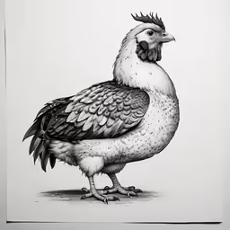 a black and white drawing of a bird