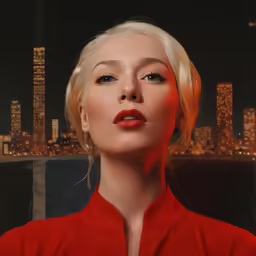 a woman is shown with bright red lipstick