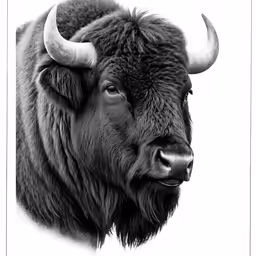 the head of a black buffalo in black and white