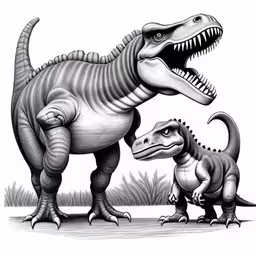 the dinosaurs are standing together and facing each other,two dinosaurs, one with teeth and the other without head