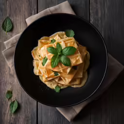 a black bowl filled with ravioli topped with fresh mint