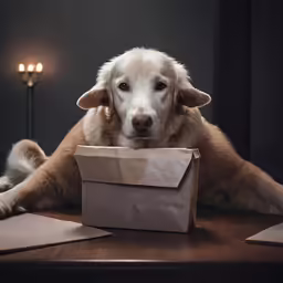 a white dog chewing on top of a box