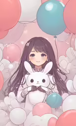 a girl sitting in a pile of balloons