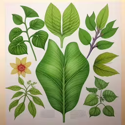 a painting of various kinds of green leaves,a green plant with lots of leaves and flowers
