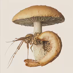 a white mushroom with a spider on the side