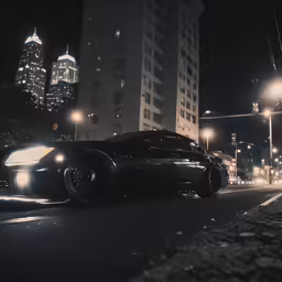 a car parked in the street at night in front of some tall buildings