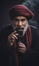 a man with a beard and long hair holding a cigar