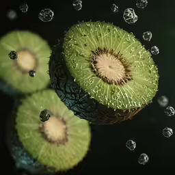 a close up of sliced kiwi fruit floating in water