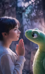 a girl and a stuffed animal speak while standing in front of a tree