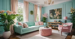 a living room decorated in turquoise, pink, and gold